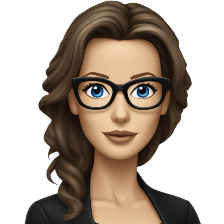 Hyper Realistic photo Kate Beckinsale blue eyes wearing glasses in a business meeting black dress emoji