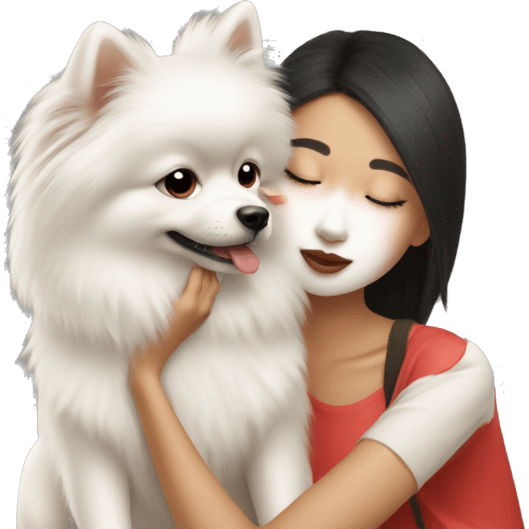 Chinese girl kissing white pomeranian emoji