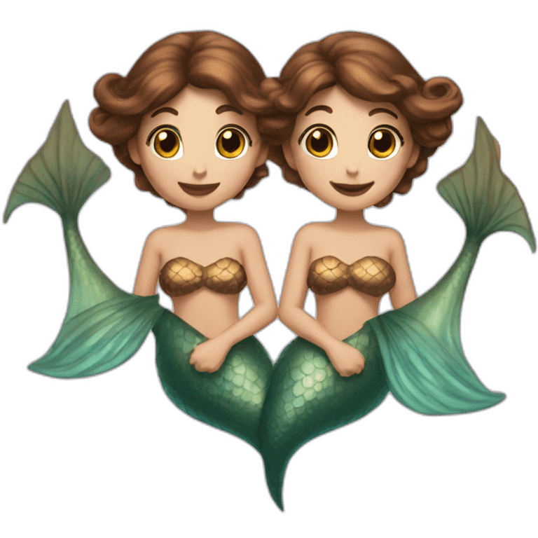 Two brown haired mermaids with their tails formed into a heart emoji