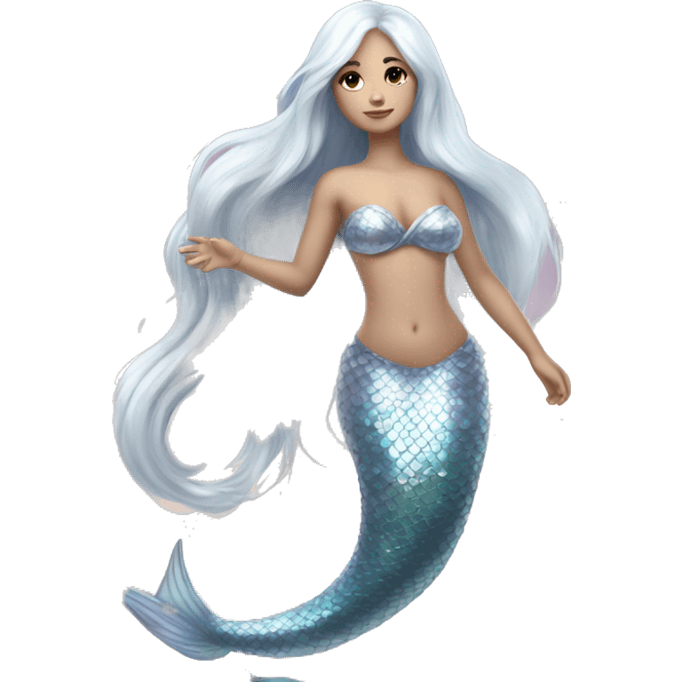 Iridescent silver mermaid tail full body white skin girl long white hair emoji