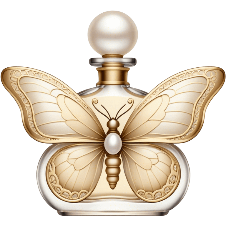 A delicate butterfly with wings in soft beige and pearl hues, resting gently on a vintage perfume bottle.
 emoji