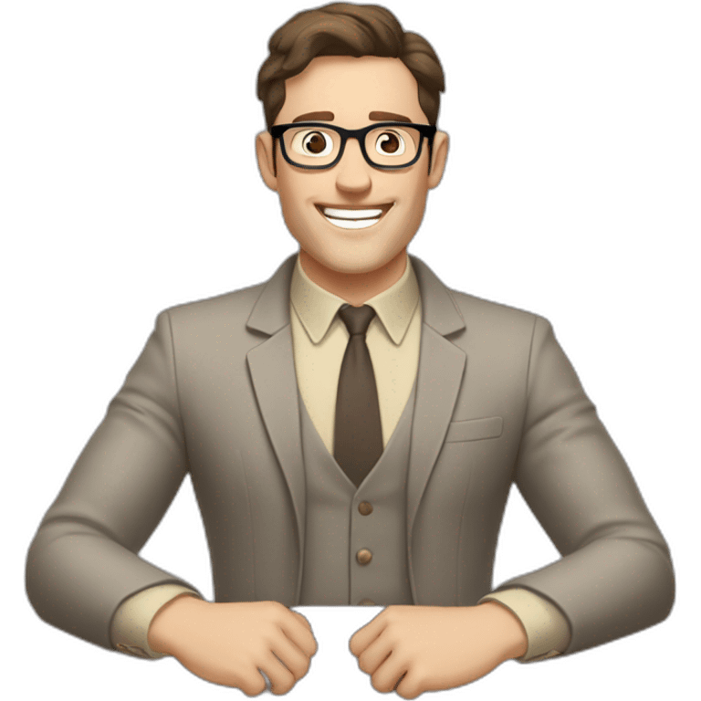 Joyful Celebrating victory Hands up Pale skinned Fit Man With dark brown hair in gray jacket, beige office shirt, Brown pants and vintage glasses sitting In a soft chair emoji