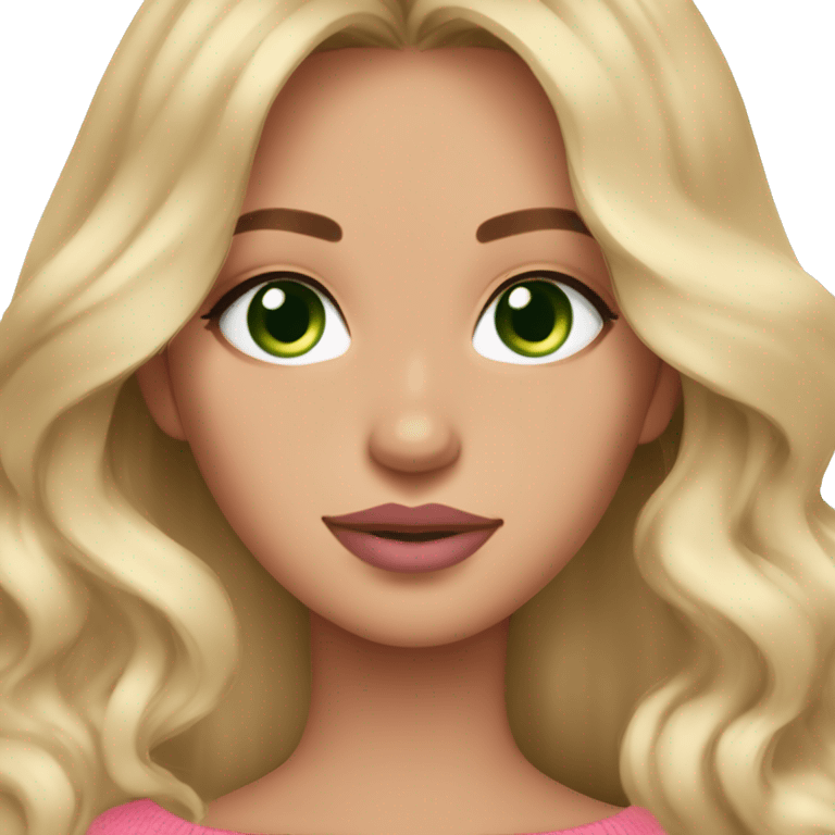 Dark blonde girl tan skin pink sweater pink makeup green eyes gold earrings pink nails wavy long hair emoji