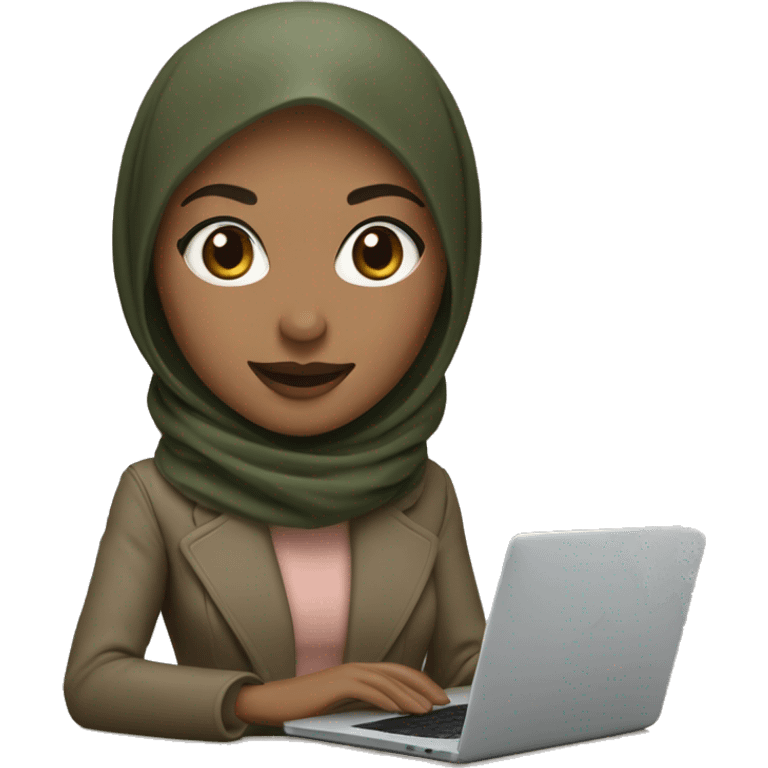 memoji of a woman with a laptop in front, apple-style,modern with dark olive green hijab,dark beige color coat, fair, rose lips, working on laptop with smile on face emoji