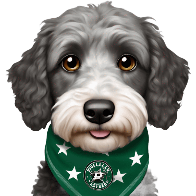 Aussiedoodle wearing a neck bandana with the NHL Dallas Stars hockey team logo emoji