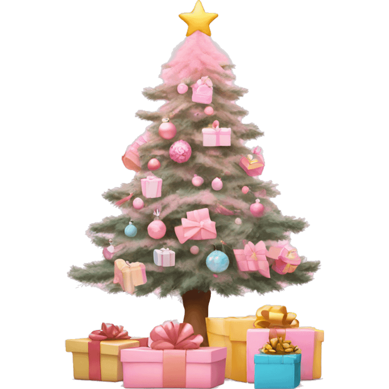 pastel pink christmas tree and some gift boxes under emoji