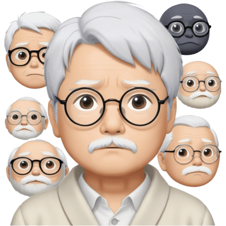 ​Cinematic Realistic Portrait of Hayao Miyazaki, depicted with striking white hair, defined black eyebrows, and large rectangular glasses, his thoughtful expression rendered in lifelike detail against a background of whimsical Studio Ghibli-inspired sketches, illuminated with soft, realistic lighting that emphasizes his creative genius, emoji