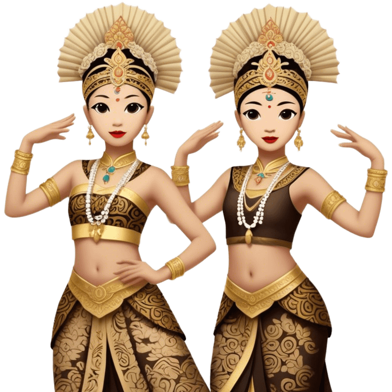 ​Cinematic Realistic Traditional Javanese Dancers, depicted as two graceful dancers in ornate traditional costumes with intricate batik patterns and elaborate headpieces, captured in dynamic poses during a ritual dance in an ancient temple courtyard, rendered with soft golden lighting and rich cultural textures, emoji