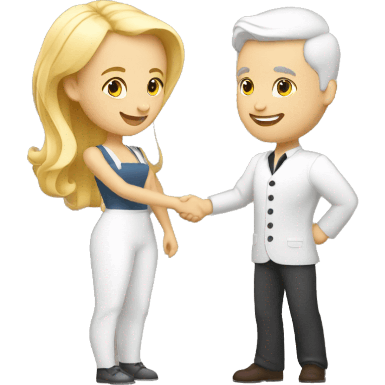 adult restaurant owner with white skin and blogger with white skin and blonde hair shaking hands in full height emoji