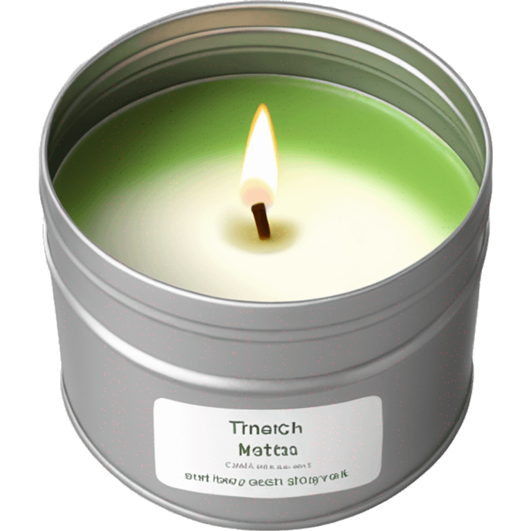 realistic, lit matcha scented candle, silver tin, small white label, text emoji