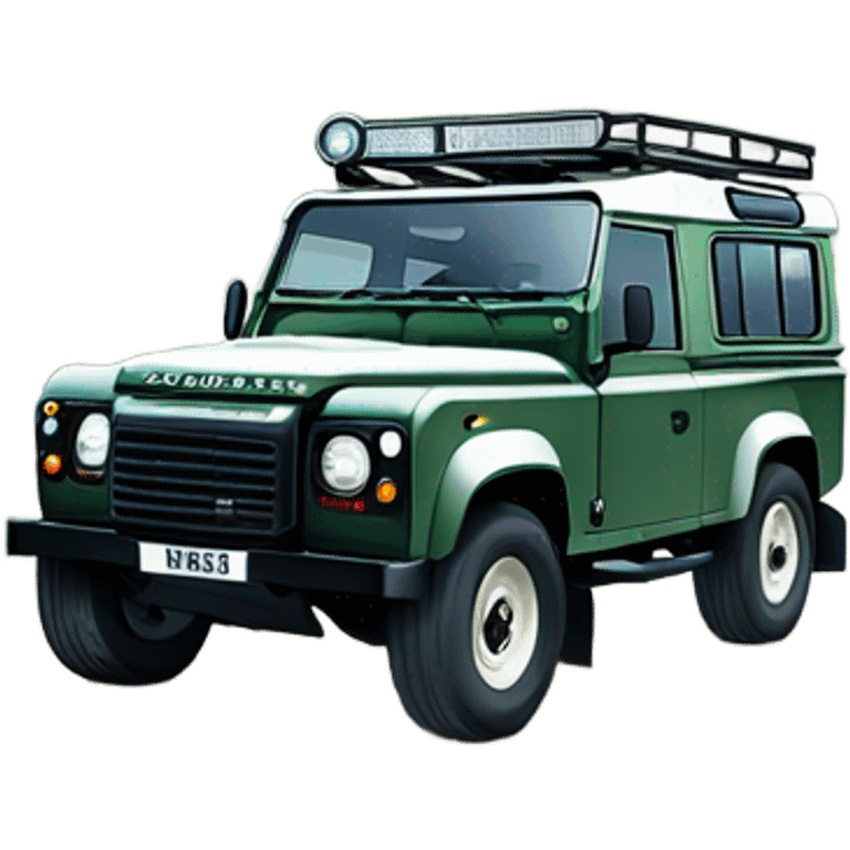 A Land Rover Defender traversing mountainous terrain full of rocks and bushes, with its iconic round headlights and robust front grille highlighted, showcasing its unparalleled off-road capability. emoji