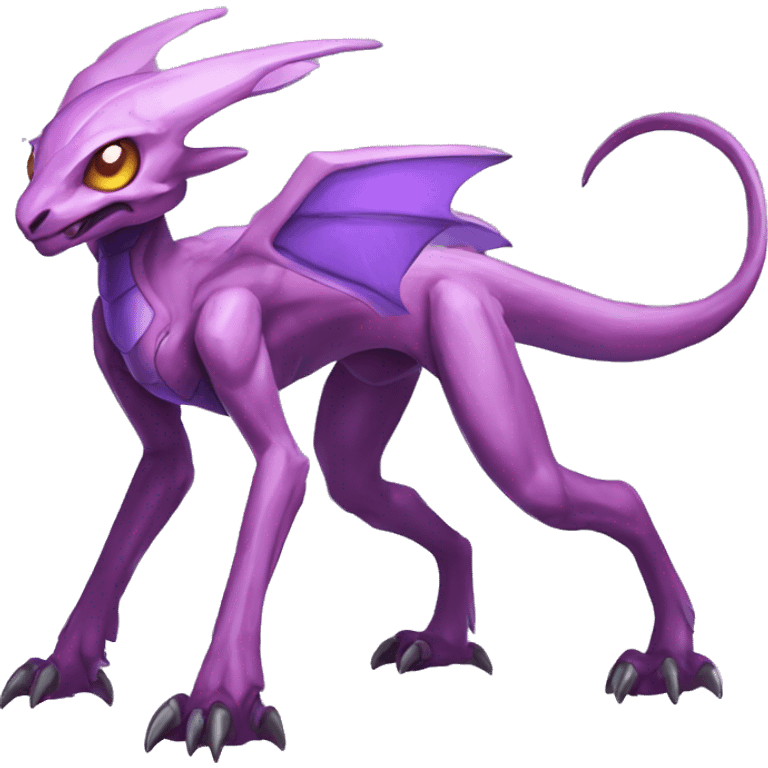 Mauve-violet-colored genesect-raptor-dragonkin-scalie-sona-Fakémon-hybrid with a mane on head and back full body emoji