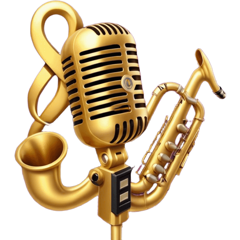 Create a vibrant and expressive emoji representing jazz vocal performance. The design should feature a vintage microphone at the center, surrounded by musical notes and soundwaves flowing outward, symbolizing the vocal improvisation and fluidity of jazz. Include key instruments often associated with jazz vocals, such as a jazz piano (stylized black keys) in the background and a saxophone or trumpet, giving it a true jazz vibe. Add soft lighting effects to evoke the intimate, atmospheric feel of a jazz club. Use rich colors like gold, black, deep purple, and red to reflect the soulful, smooth nature of jazz. The background should be transparent. emoji