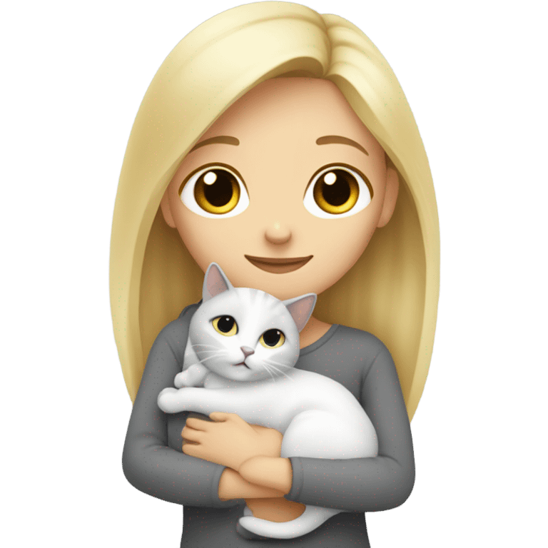 Blonde girl hugging grey and white small cat emoji