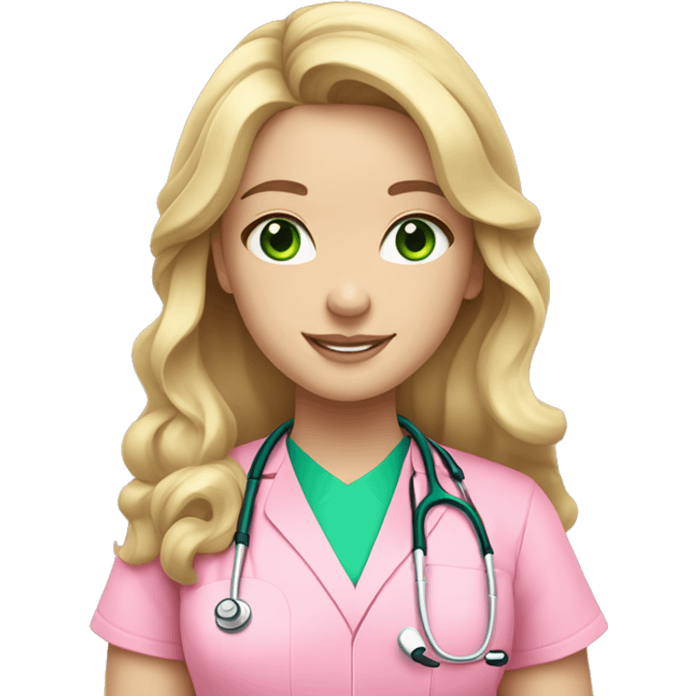 pale blonde girl with long wavy hair and green eyes wearing pink scrubs and stethoscope  emoji