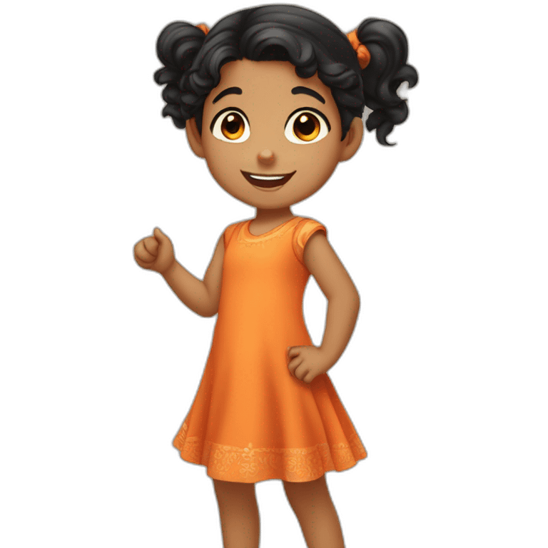 smiling and pointing 3 years old indian girl with black curly hair in pigtails wearing a orange dress emoji