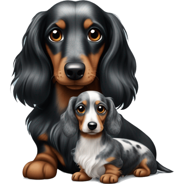 Long-haired black merle dachshund with small one  emoji