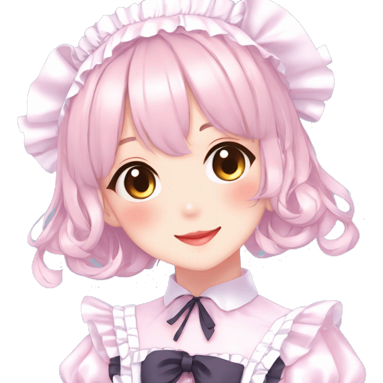 Gorgeous anime style girl blushing face maid outfit Lolita idol model colorful shiny sparkle kawaii pastelcore cottagecore pearly petite simplistic aesthetic trending style emoji