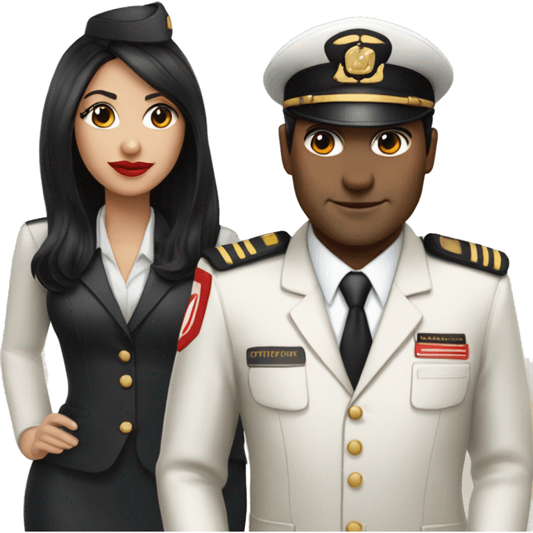 Flight attendant with long black hair, red lips and white skin with a pilot man with beige skin and black hair emoji