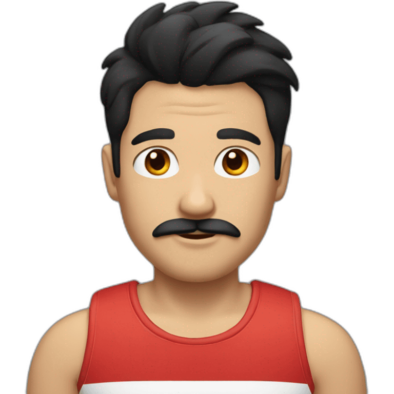 male with black hair, moustache and striped black and red tank top emoji