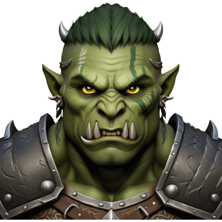 Cinematic Realistic WoW Orc Warrior Portrait, depicted with battle-scarred, rugged green skin and a powerful, muscular build that radiates primal strength. Clad in intricately detailed tribal armor accented with dark leather and iron embellishments in deep, earthy tones, his fierce eyes and determined expression exude honorable might. Rendered with lifelike texture and dramatic natural lighting, high shine, noble and formidable, capturing the essence of a legendary orc champion. emoji