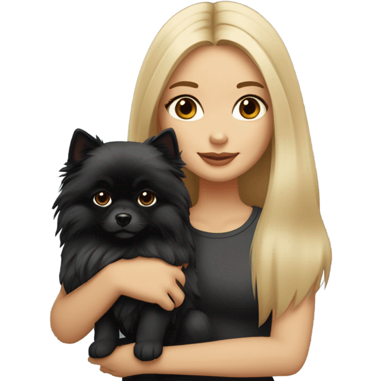  blonde girl, medium-length straight hair, full lips, gray eyes, fair skin, holding a black Pomeranian with tan in her arms emoji