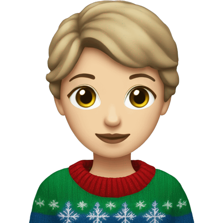 Light brown short haired girl with green eyes drinking coffee wearing blue Christmas sweater emoji