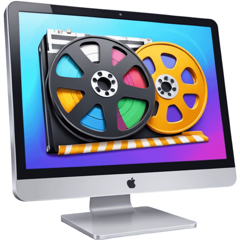 a vibrant and modern icon representing Animation and Motion Design, featuring elements like a film reel, a computer screen displaying animation, dynamic motion lines, and a cinematographic film strip on an editing table. colorful, and dynamic, without any emojis. The background  transparent. emoji