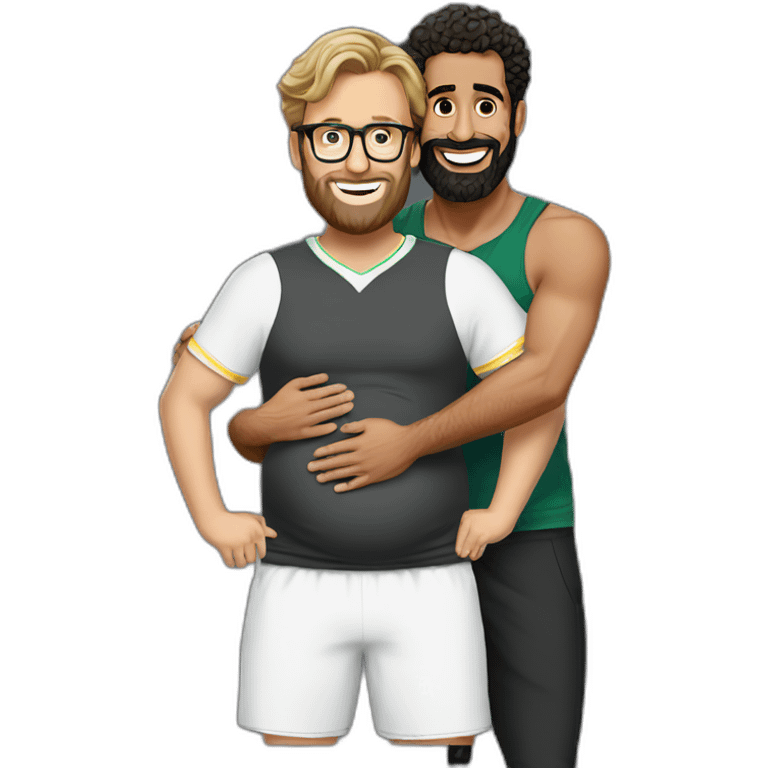 Full body Jurgen klopp hugging male Pregnant mo Salah with large baby belly emoji