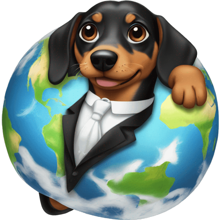 A Weiner dog holding up the earth in a tuxedo emoji