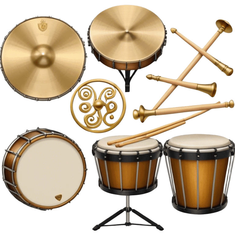 Create a heraldic, festive, and professional emblem-like emoji representing percussion instruments. The design should resemble a traditional crest, featuring a range of percussion instruments like cymbals, triangle, tambourine, maracas, timpani, and other traditional and folk percussion instruments. Arrange them symmetrically, with elements like cymbals crossing each other, a triangle at the center, and timpani or drums flanking the sides. The instruments should be depicted with metallic and wooden tones—shiny brass for cymbals, silver for the triangle, and rich wood or polished bronze for drums. Include ornate details like engraved patterns on the instruments, decorative swirls or laurels, and subtle accents to add elegance and festivity to the composition. The overall design should be cohesive, balanced, and visually striking, suitable for use as a prestigious emblem. The background should be transparent. emoji