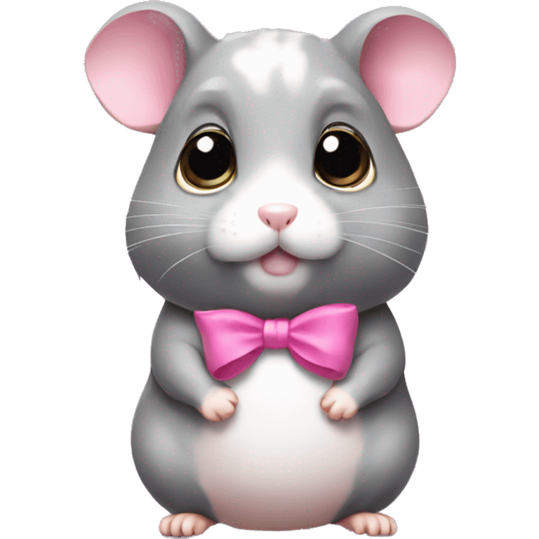 A full-body grey hamster with huge eyes a pink bow  emoji