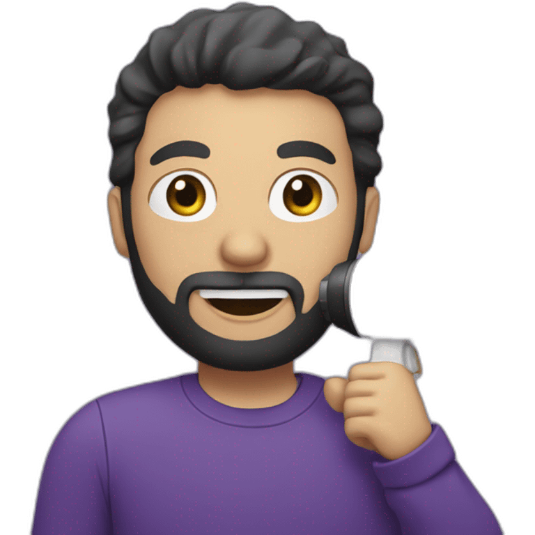 a white man with a black beard, with a purple tshirt, smiling, holding a megaphone next to his mouth emoji