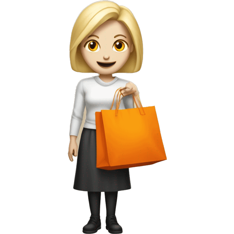 Design a white-skinned, blonde emoji-style character (iPhone aesthetic) holding an orange shopping bag labeled 'MULT EMBALAGENS emoji