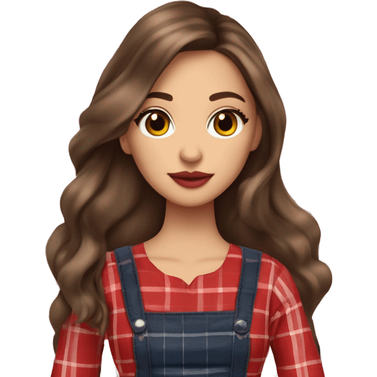 Pretty peach skin brunette woman with doll eyes and long flowing hair and red rosy cheeks in red plaid babydoll dress emoji