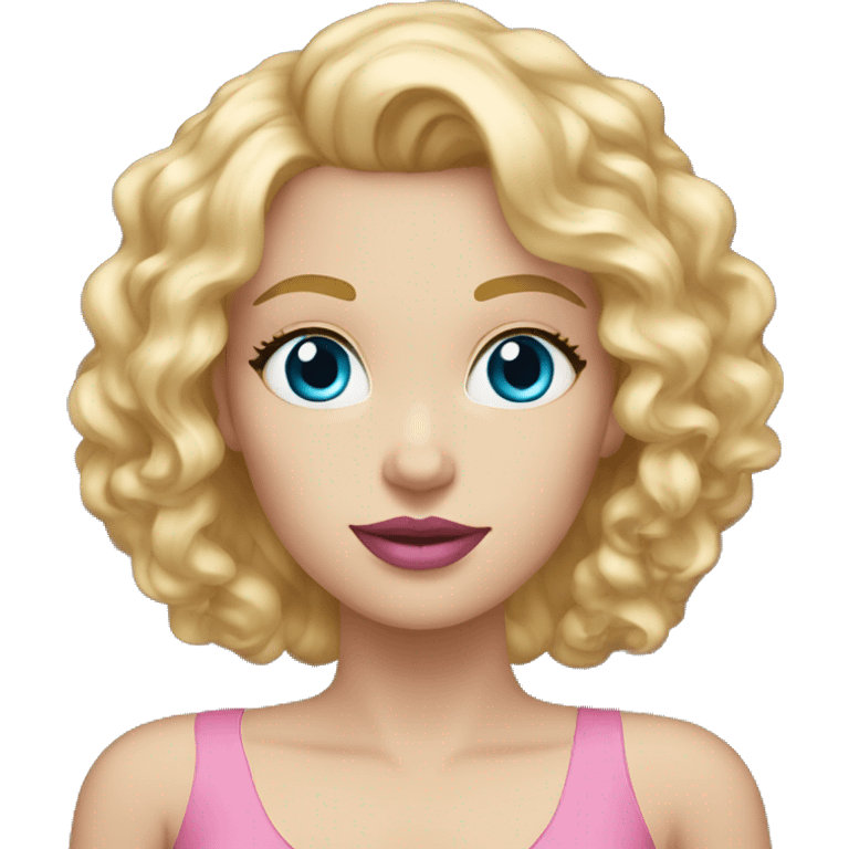 White woman with blue eyes, pink lips, blond curly hair long, pink dress  emoji