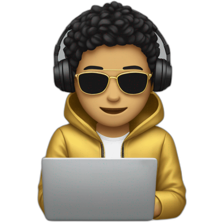 Young person golden skin tone, wearing headphones, working on a laptop, wearing golden color jacket, there is mask on his eyes, black hairs  emoji