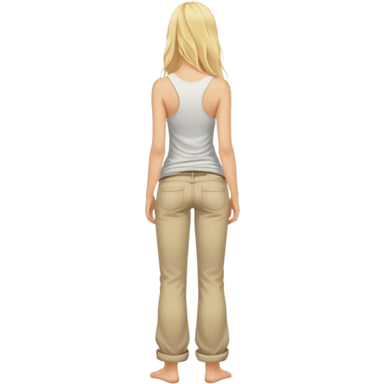 Barefoot blonde long haired girl in rolled up pants tank top right hand in back pocket from the back emoji