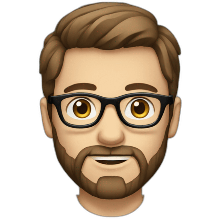 handsome guy with straight long brown hair and blue eyes and transparent glasses and with beard and wears black tshirt emoji