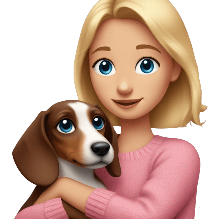 A girl with blue eyes in a pink sweater hugs a dachshund puppy emoji