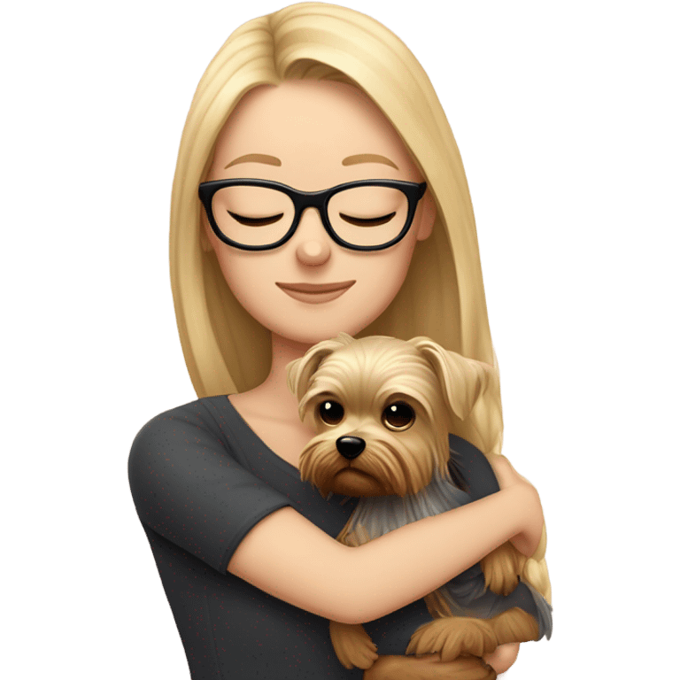 White girl, blonde hair, eyes closed, wearing glasses hugs Yorkshire terrier  emoji