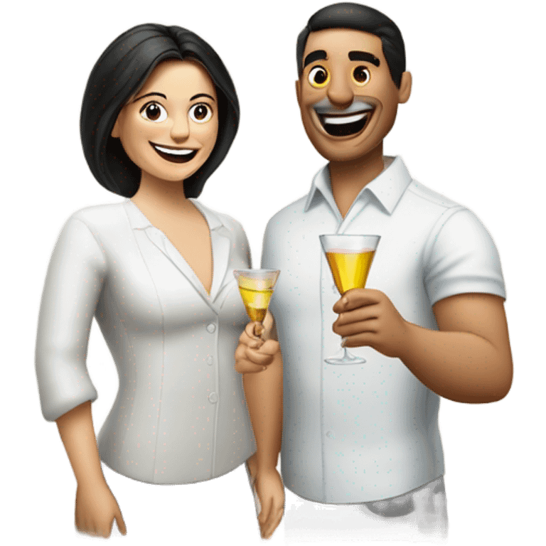 Mexican man and white woman holing a pill in one hand and a glass of martini in the other hand smiling and cheering emoji