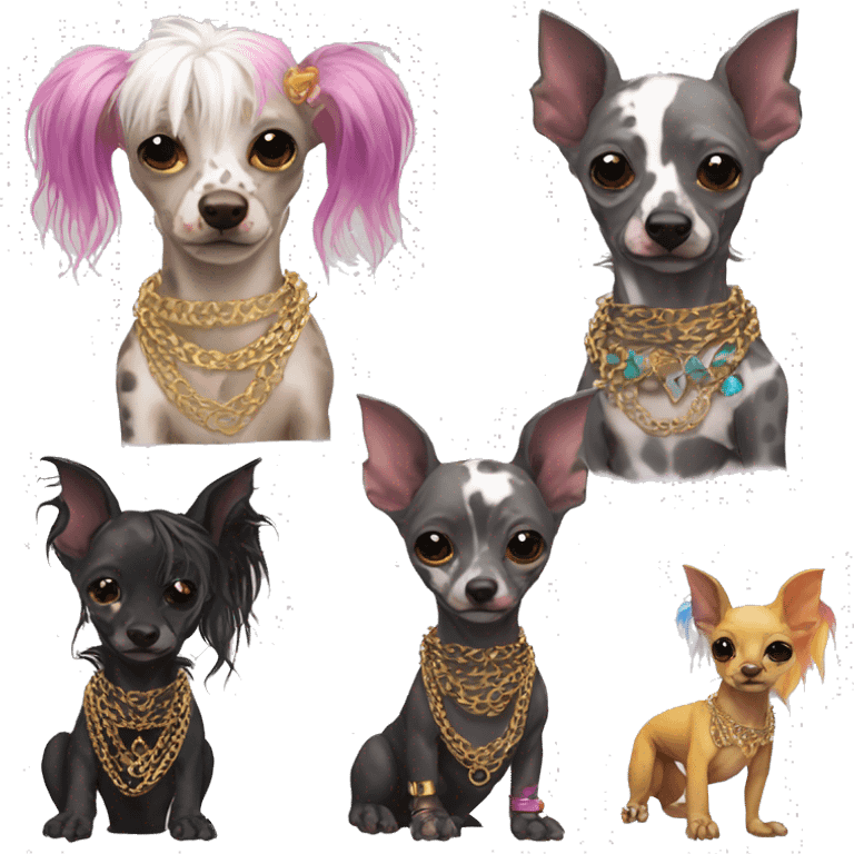 Punk Chinese crested dog rainbow gecko markings piercings gold chain tattoos emoji