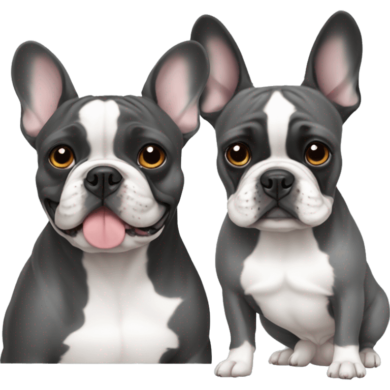 2 French bulldogs- one brindle and one small gray emoji