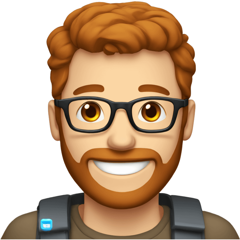 happy men with blue eyes, brown hair and red beard with glasses coding on computer emoji