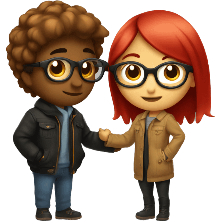 girl with black and red-tainted hair and circular golden glasses kissing boy with mi-long brown hair wearing costume jacket emoji