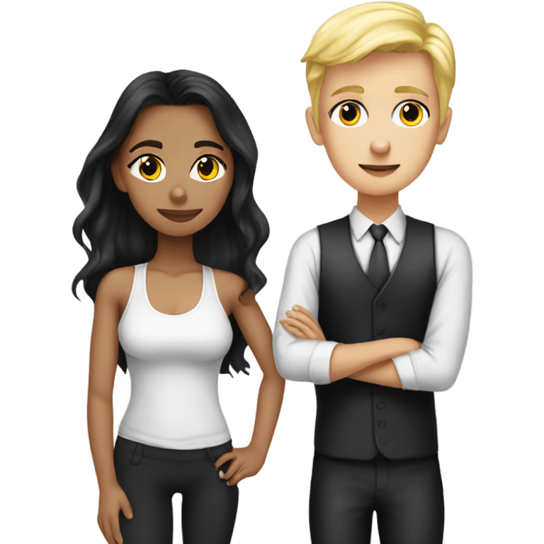 Brunette boy in suit kissing blonde girl in gym leggings and tank top emoji