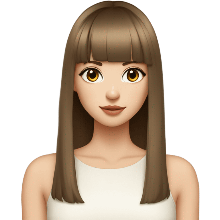 beautiful model, beige skin, light eyes, double eyelids, straight long brown hair, bangs, white top emoji