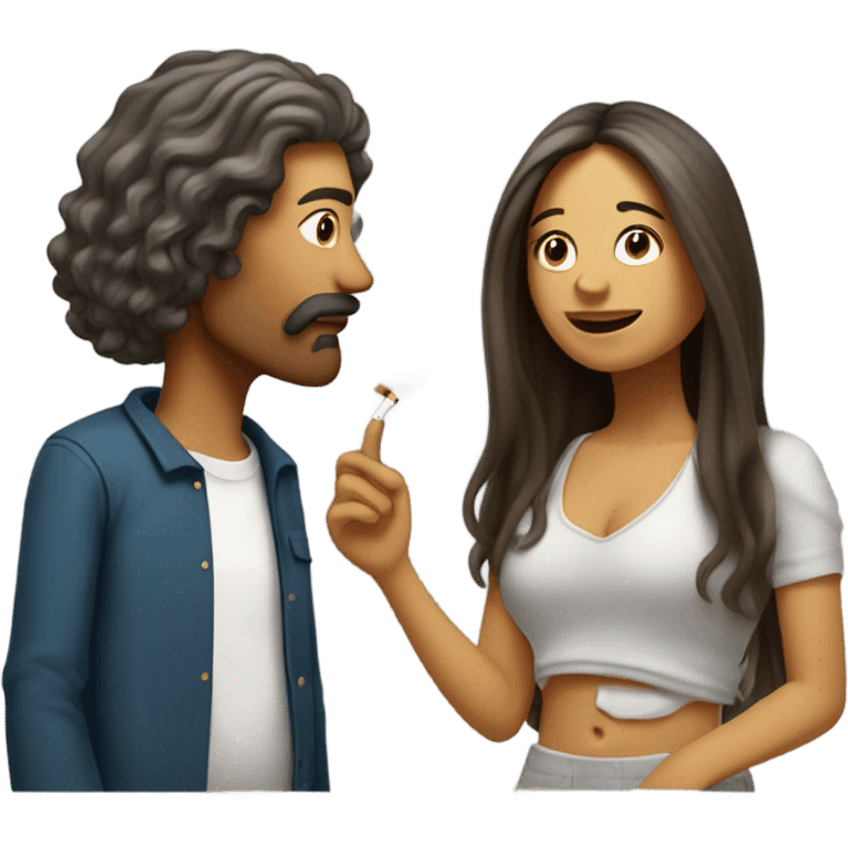 half white half mexican girl with long hair smoking a cigarette with a white guy homeless man as they chat emoji