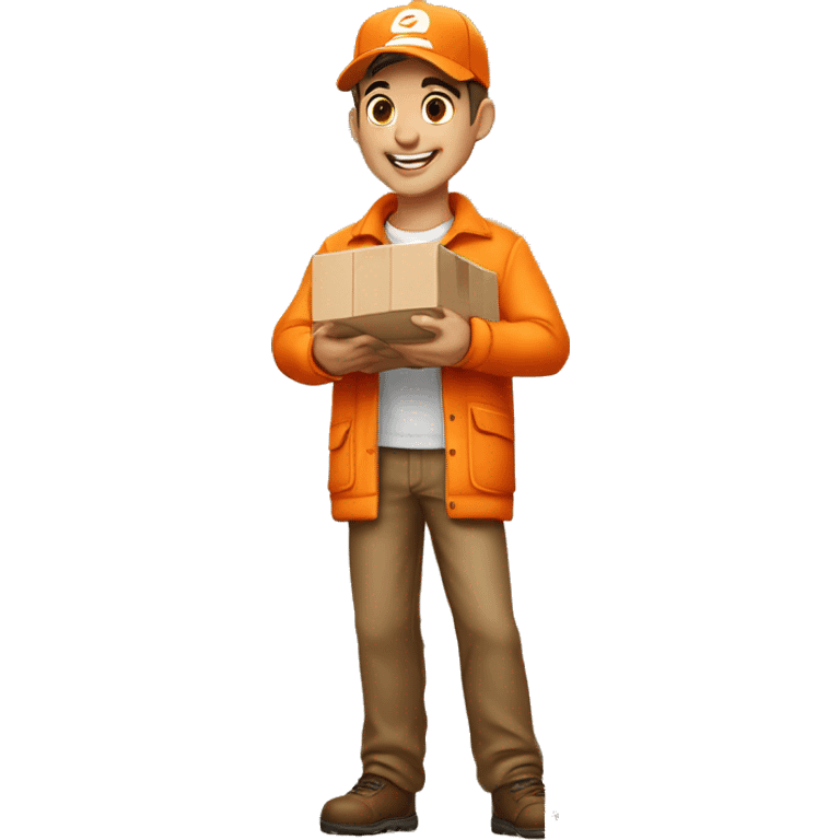 Delivery boy, full body, light skin tone, wearing orange cap and orange jacket, kerry delivery company uniform loading a package without background and say on that table emoji